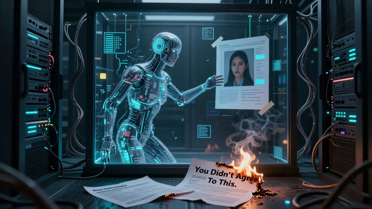 A server room with organic data cables and a pixelated AI figure reaching toward a terrified customer's photo, surrounded by burning consent forms.