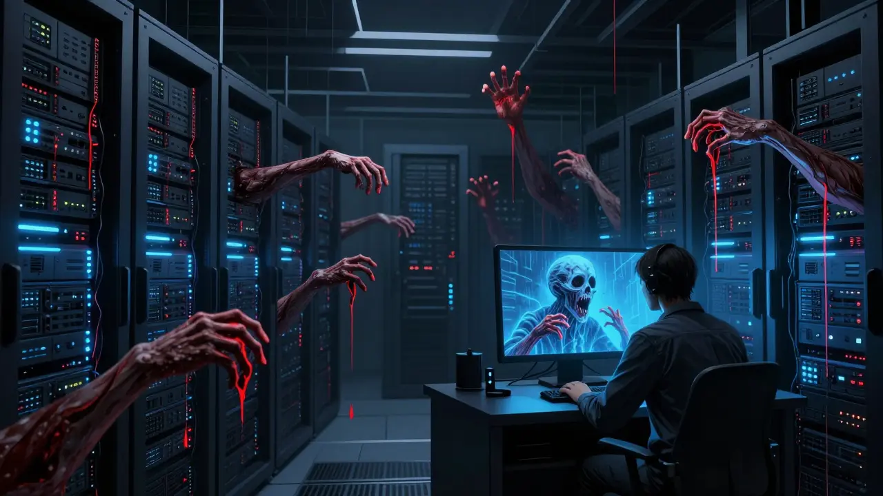 A server room with vector databases as writhing limbs, an engineer's reflection consumed by a faceless entity.