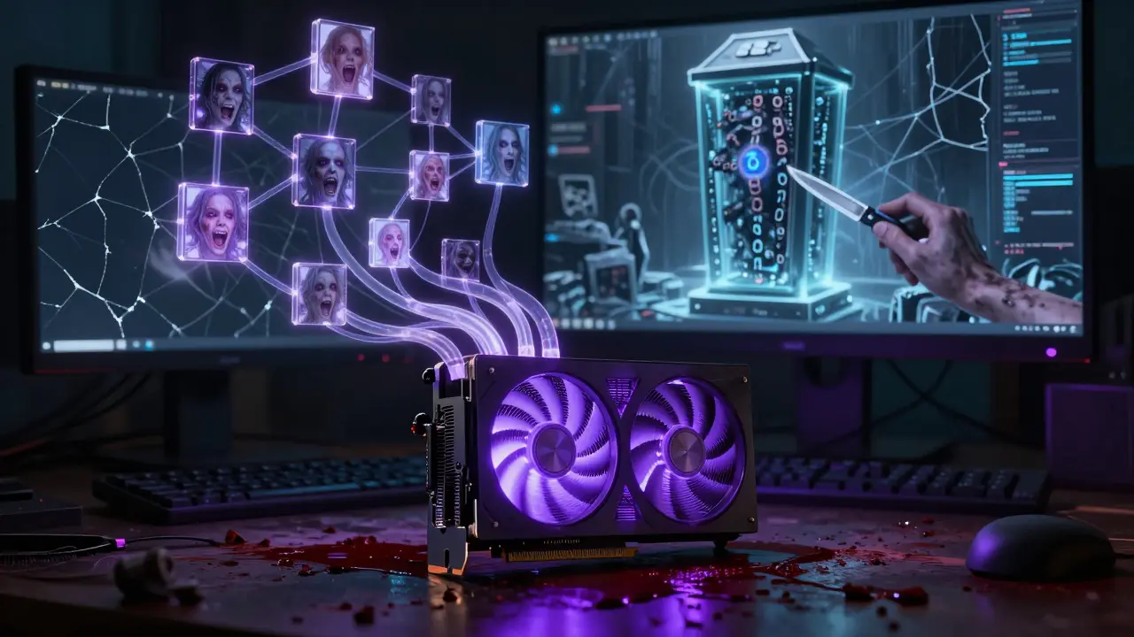 A single GPU emits glowing adapter tendrils while a massive frozen model looms behind it in a dark data center.