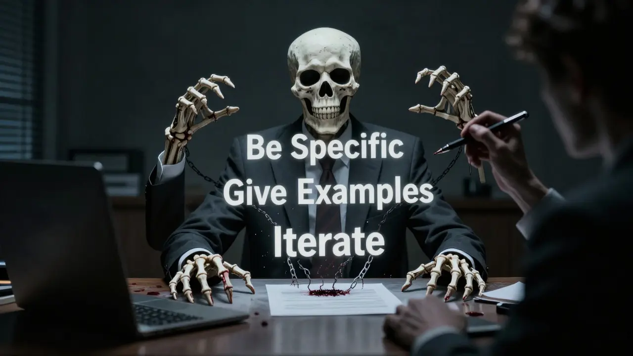 A skeletal figure filled with chained prompt principles, haunted by grasping shadows of bad instructions.