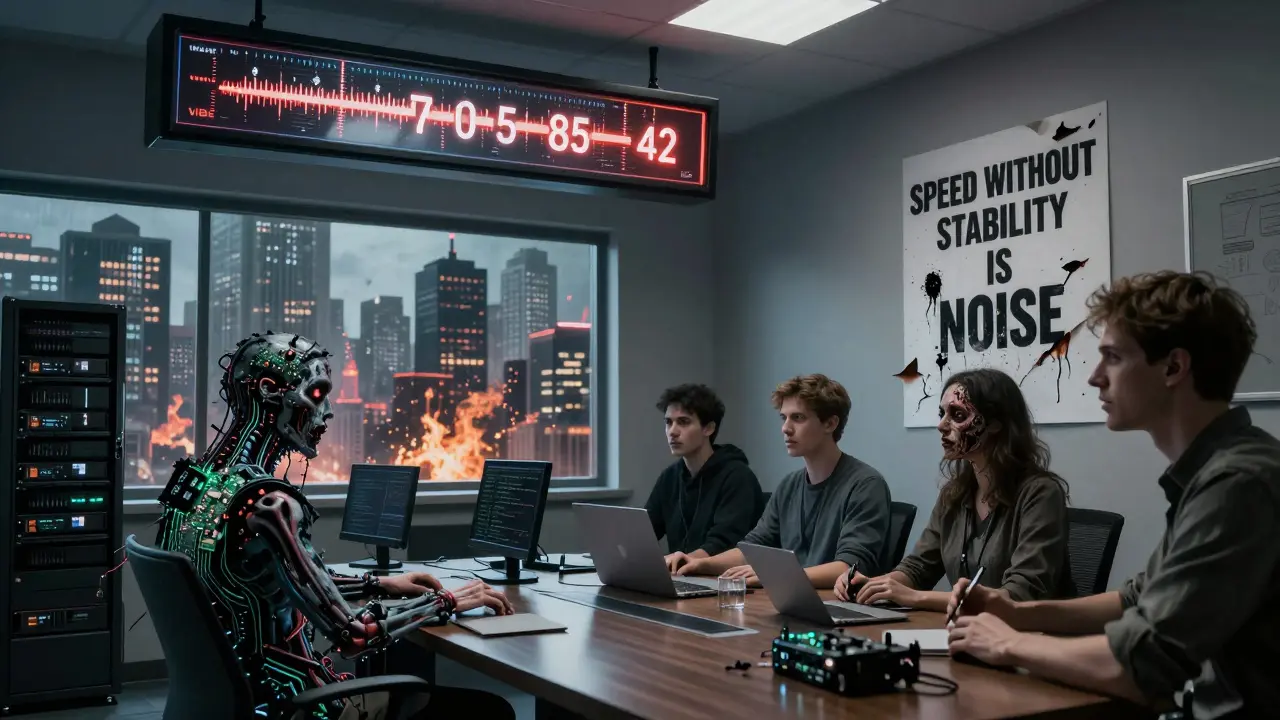 A team turned into servers, watching a VIBE SCORE meter drop as their bodies dissolve into corrupted code.