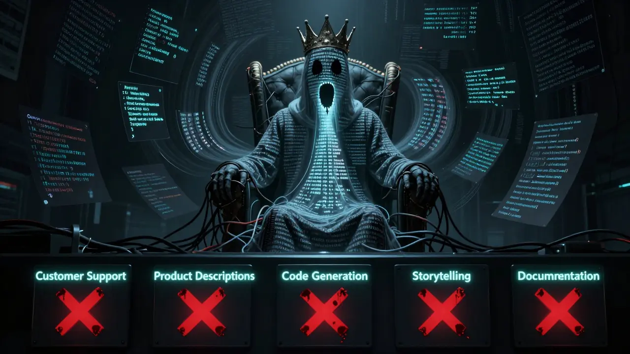 A text-formed specter wears a crown of error codes, vomiting merged responses from five corrupted control panels.