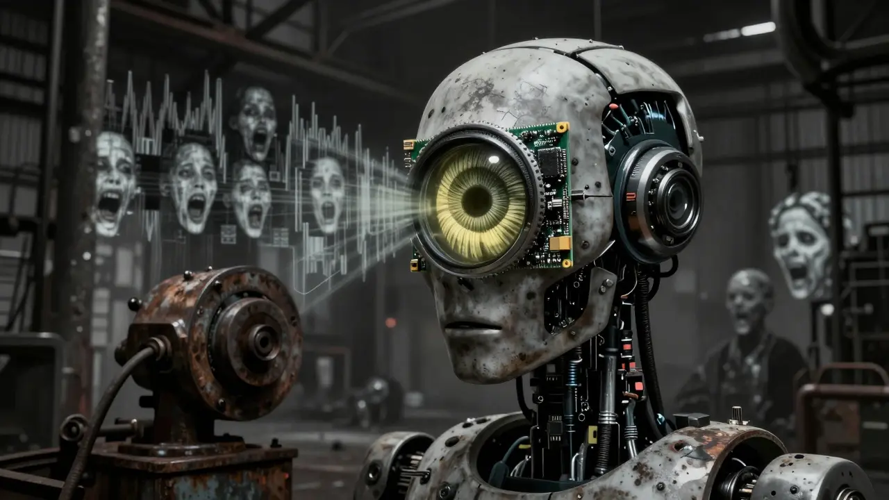 A tiny edge AI module embedded in a robot's eye, processing screaming faces and pixelated corpses under cold industrial light.
