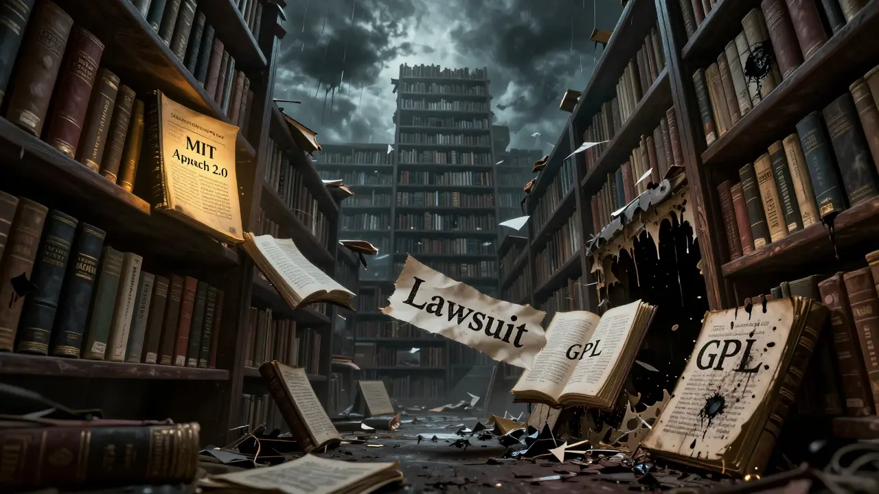 A towering library of open-source licenses where permissive ones glow safely while copyleft books bleed and devour a startup.