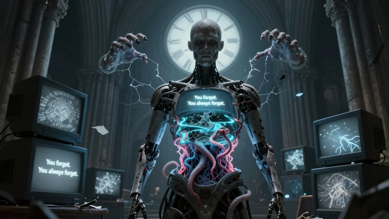 An AI figure's open chest reveals fossilized memory layers crawling with data-worms.