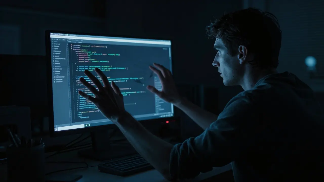 Code forming shadowy hands reaching from monitor screen