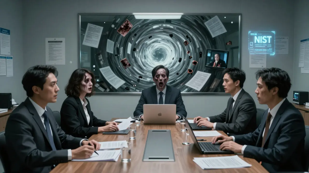 Executives with AI faces are haunted by synthetic content in a boardroom, NIST overlay barely visible.