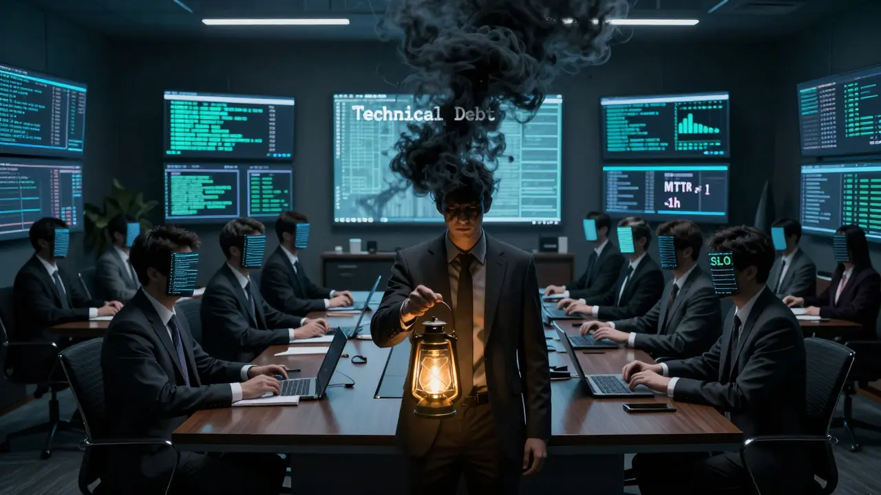 Executives with static faces as a lone engineer holds a code lantern illuminating a single SLO target in darkness.