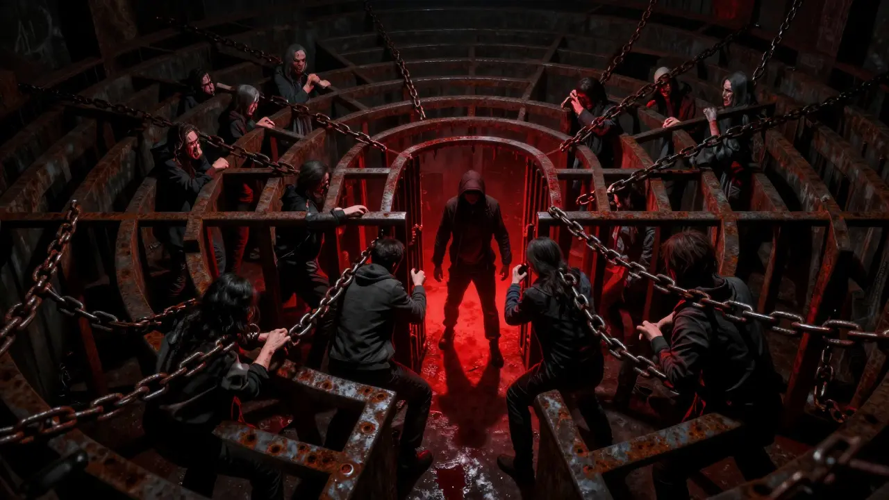 Group trapped in a labyrinth of iron chains forced to wait at a single exit point.