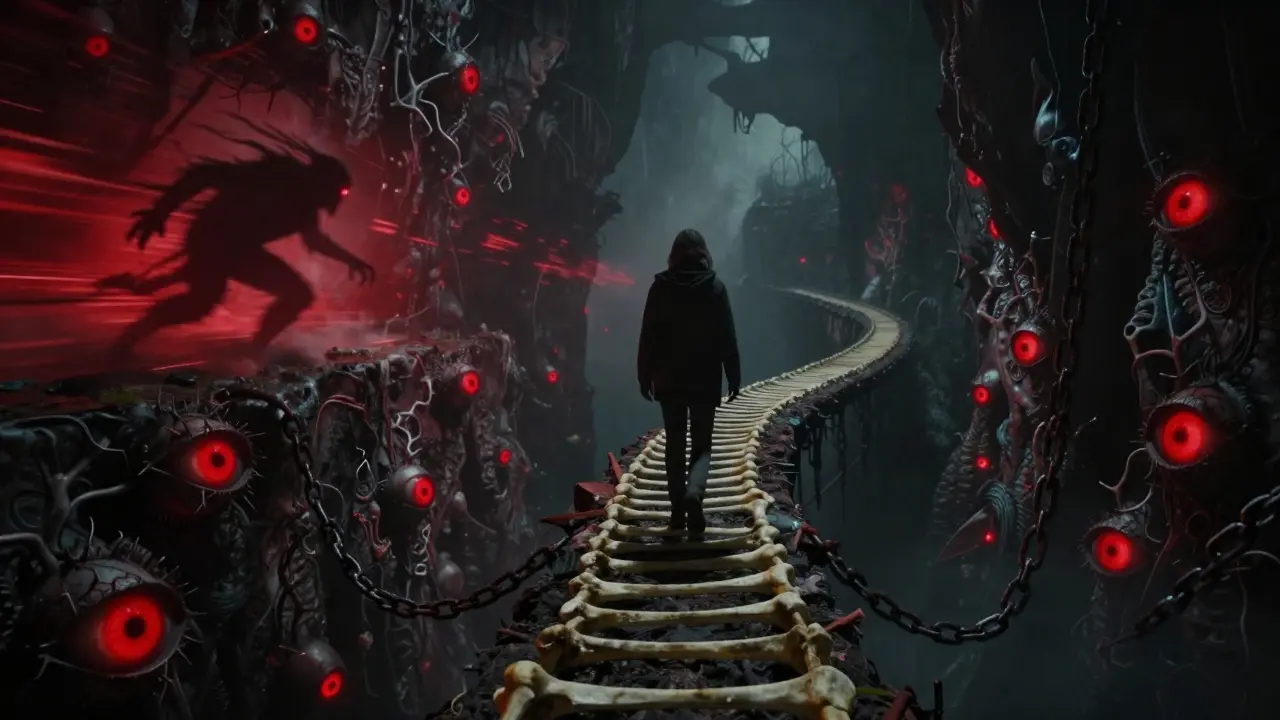 Person walking a bone path over a chasm with glowing red eyes facing fast shortcut and slow path.