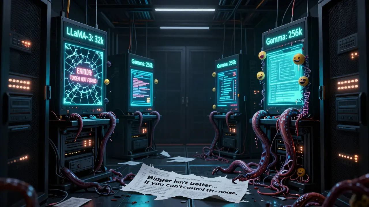 Server racks with glowing LLMs, one failing and another overrun by chaotic tokens in horror style.