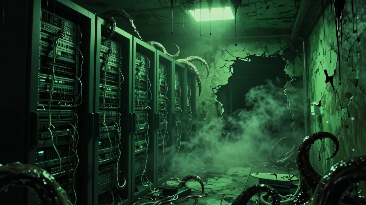 Server room with corrupted data forming tentacles dripping black liquid