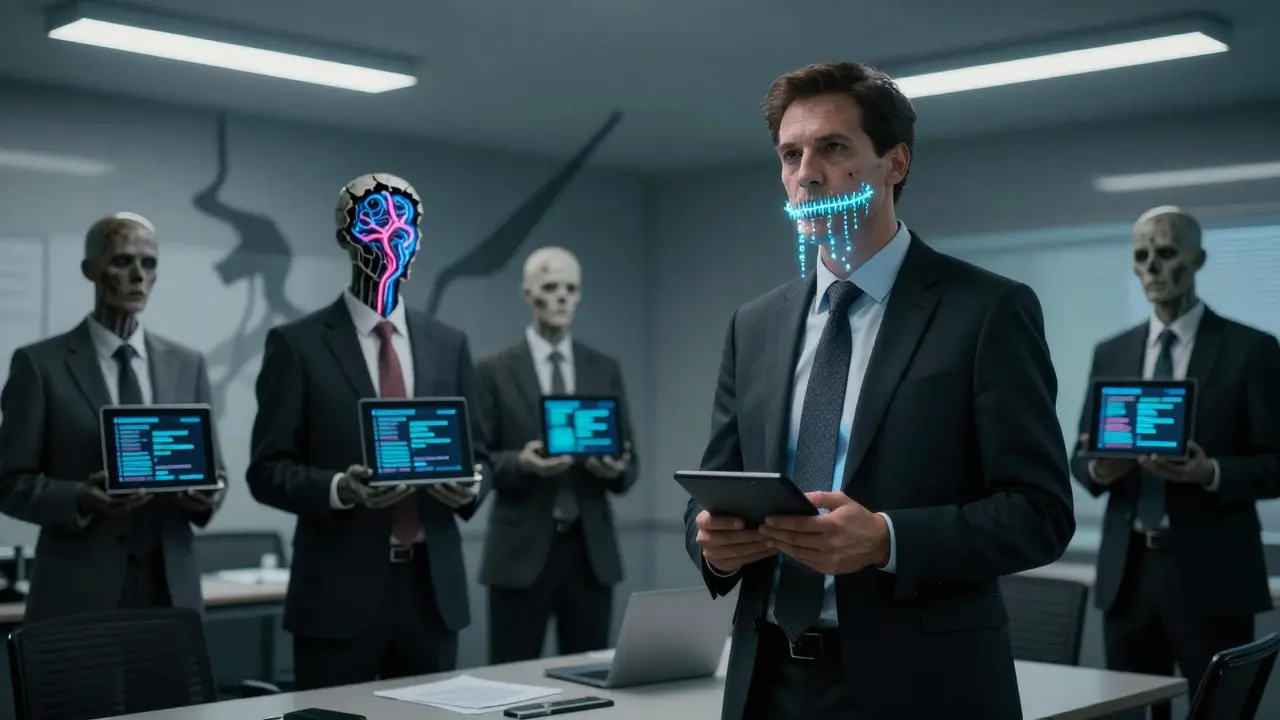A CEO with a stitched-shut mouth speaks before lifeless employees holding tablets with screaming AI outputs, as a neural network pulses inside a cracked mannequin head.