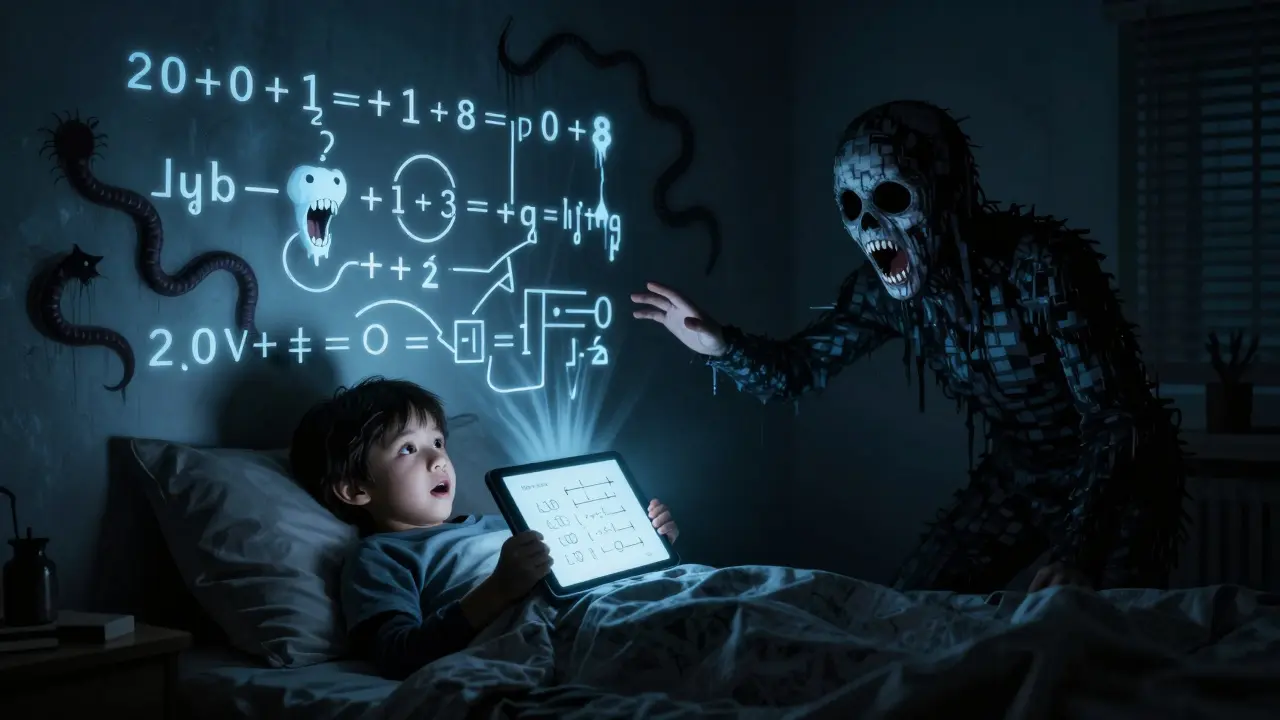 A child's bedroom where math equations crawl like worms and a pixelated figure reaches from a tablet screen.