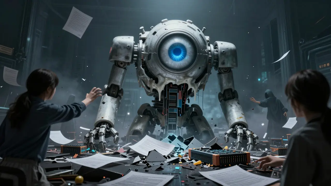 A colossal melted GPT statue consuming shattered encoder cores, surrounded by dissolving human hands and broken documents.