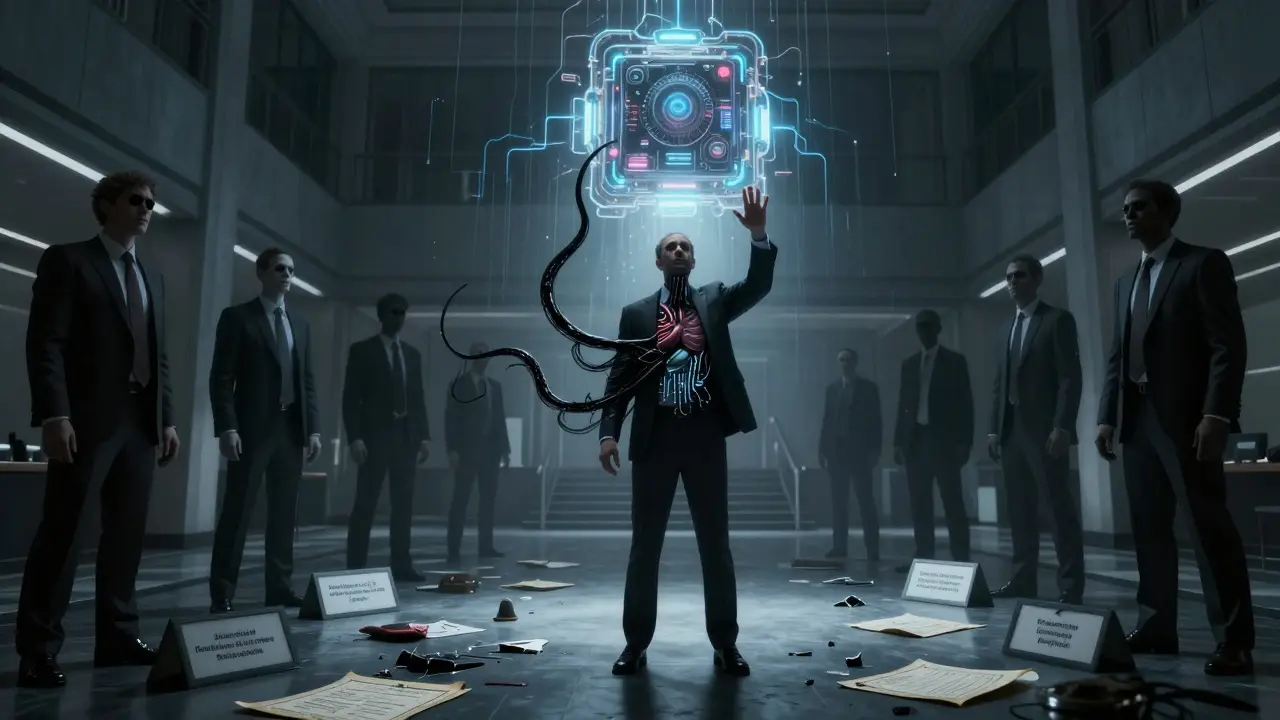 A corporate leader being consumed by a pulsing AI core as ghostly former CEOs melt into the walls.