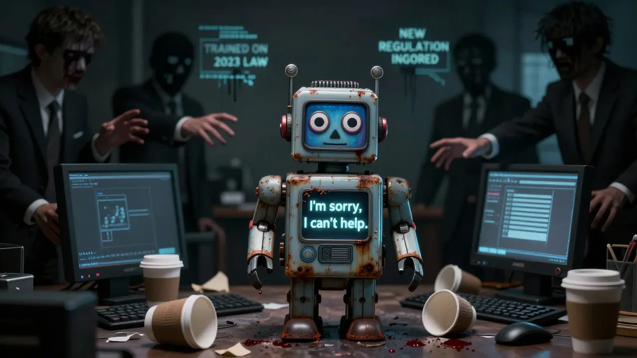 A corrupted toy robot in a dark office, surrounded by spectral prompts and hollow business figures.