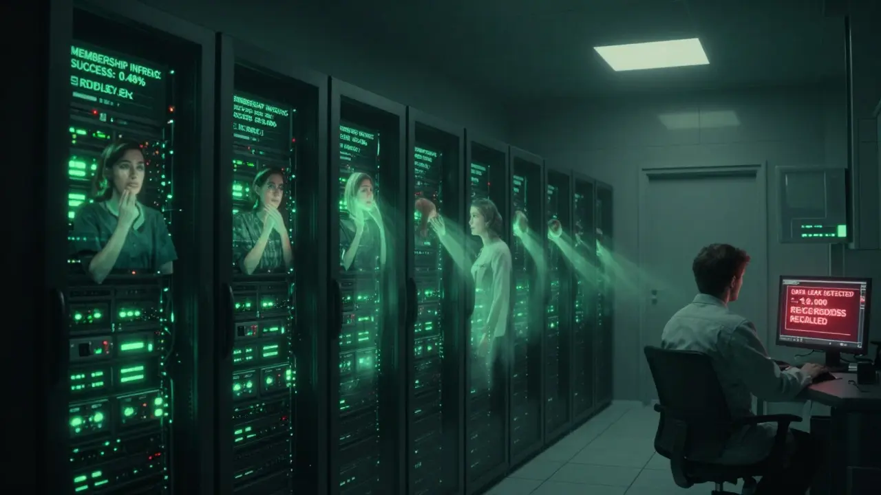A dark data center with ghostly figures emerging from servers, one screen showing a chilling privacy breach alert.