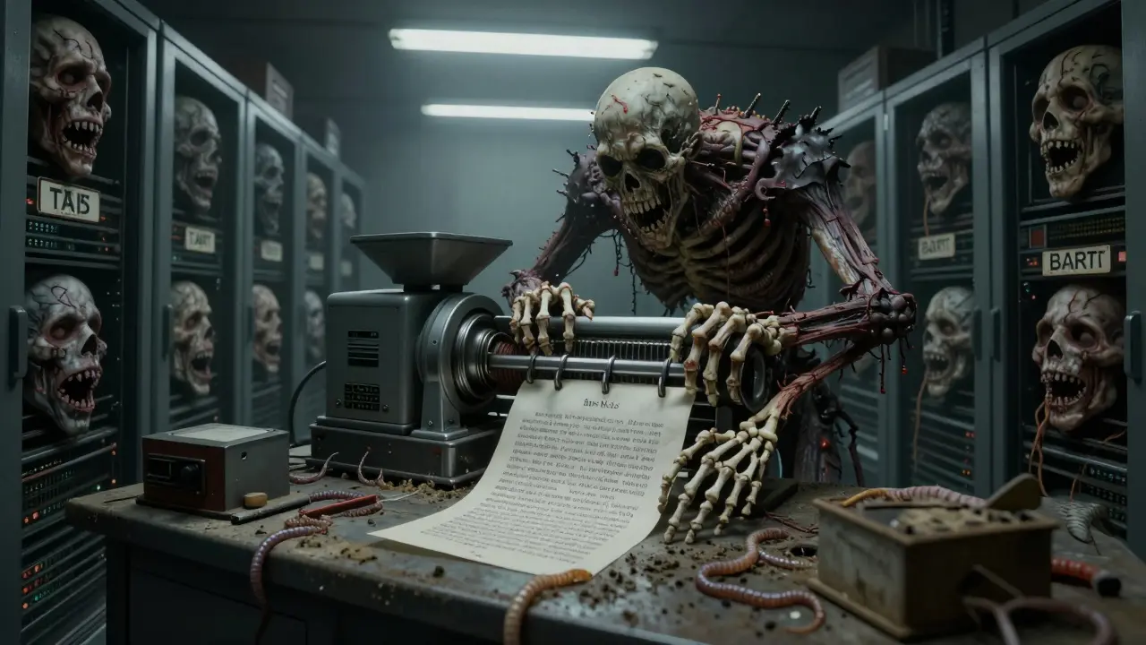 A decaying translator’s desk haunted by a monstrous encoder, with screaming faces of failed translations on the walls.