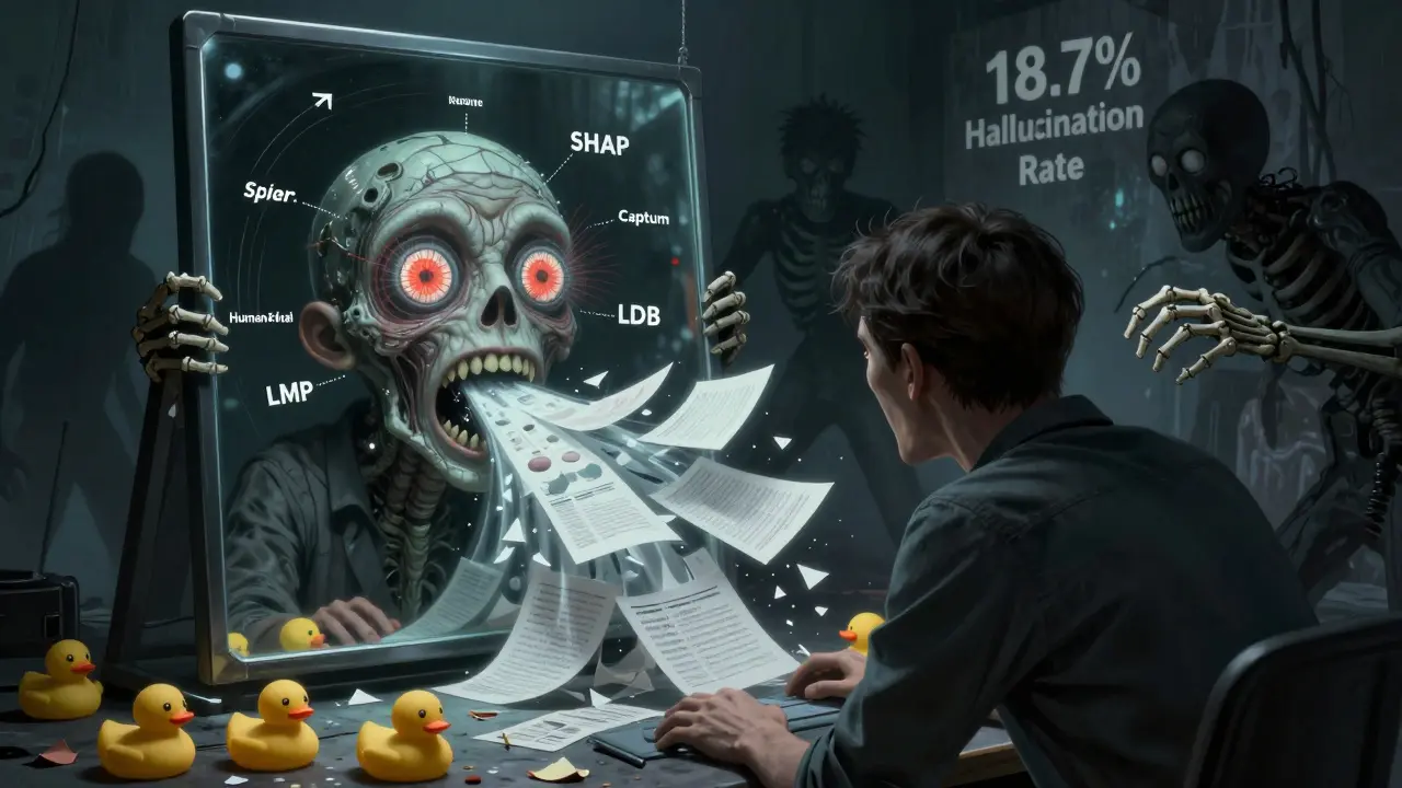 A developer facing a monstrous LLM face vomiting fabricated facts, while debugging tools reach out from the shadows.