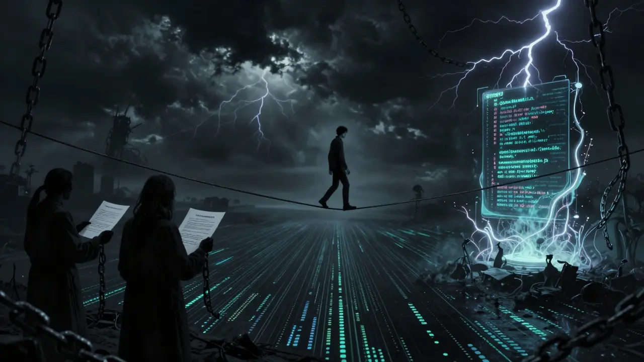 A figure balancing on a tightrope over a void with chains and glowing structures.