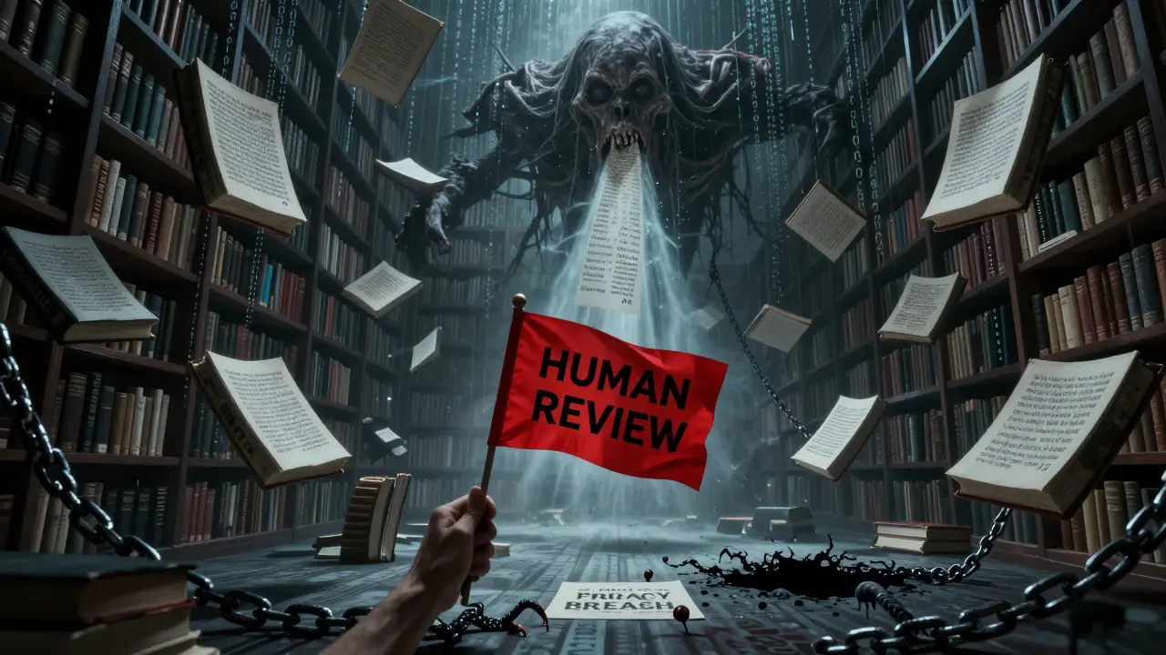 A ghostly library of training data being devoured by a sentence-entity, with a single human-held flag of review as the only light in darkness.