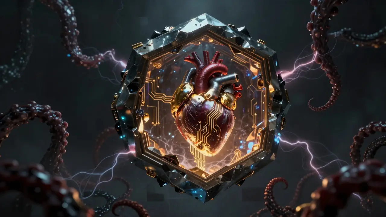 A glowing mechanical core inside a dark crystal vault repelling shadowy tendrils.