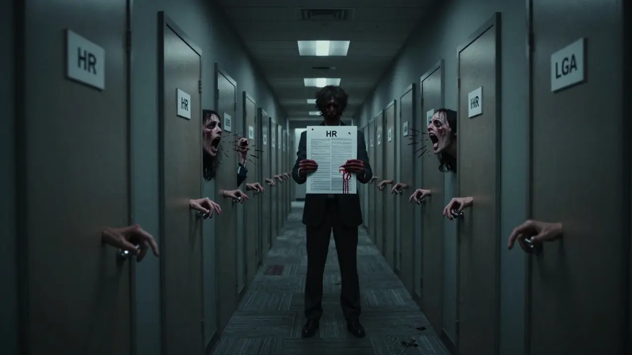 A hallway of doors with reaching handles, each whispering harmful AI outputs, a lone figure frozen at the end.