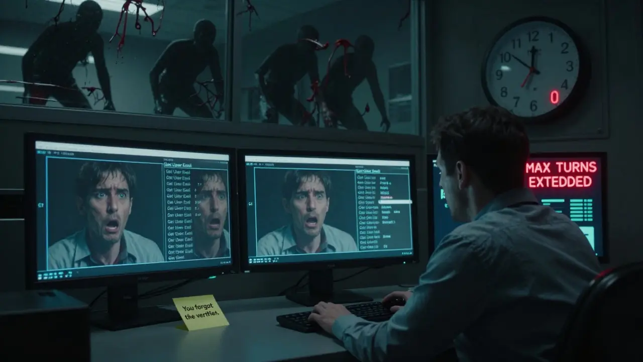 A human operator watches a monitor showing 27 repeated 'Get User Email' attempts as a countdown clock ticks toward shutdown.