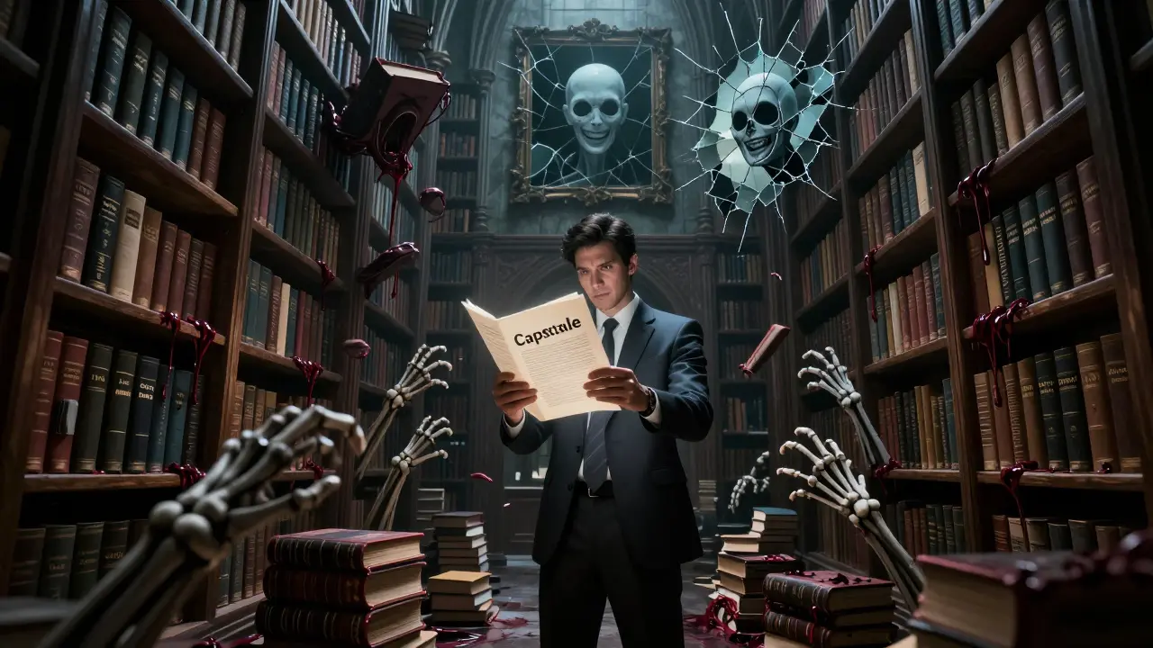 A living library of screaming AI textbooks, with a lone executive clutching a glowing capstone page as skeletal hands reach for it.