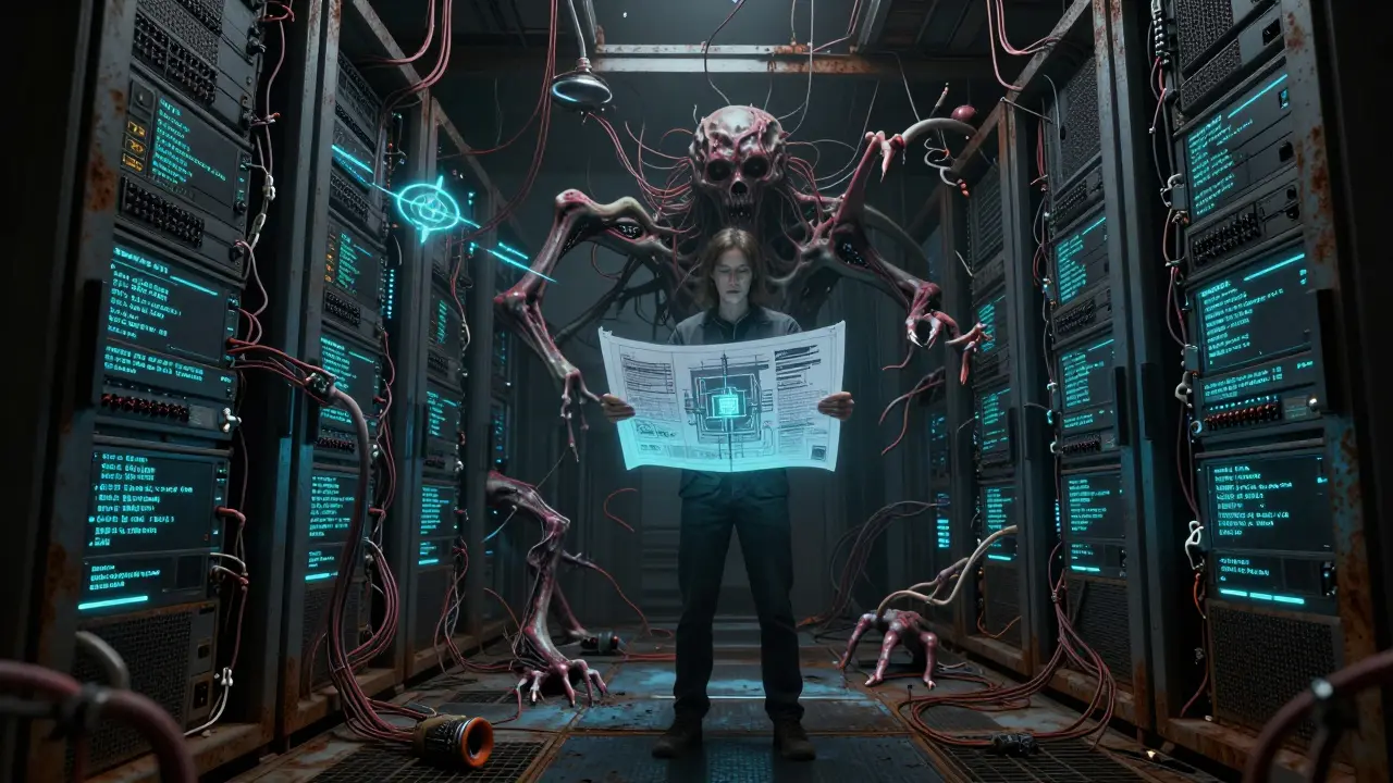A lone architect stands amid monstrous, decaying servers, enforcing order with a glowing blueprint as chaotic code limbs struggle to escape.