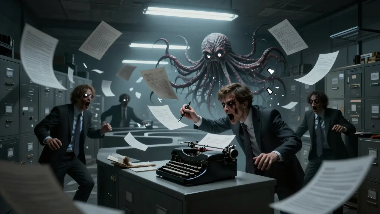A monstrous AI entity devours screaming documents in a labyrinth of floating papers, while employees turn into filing cabinets.