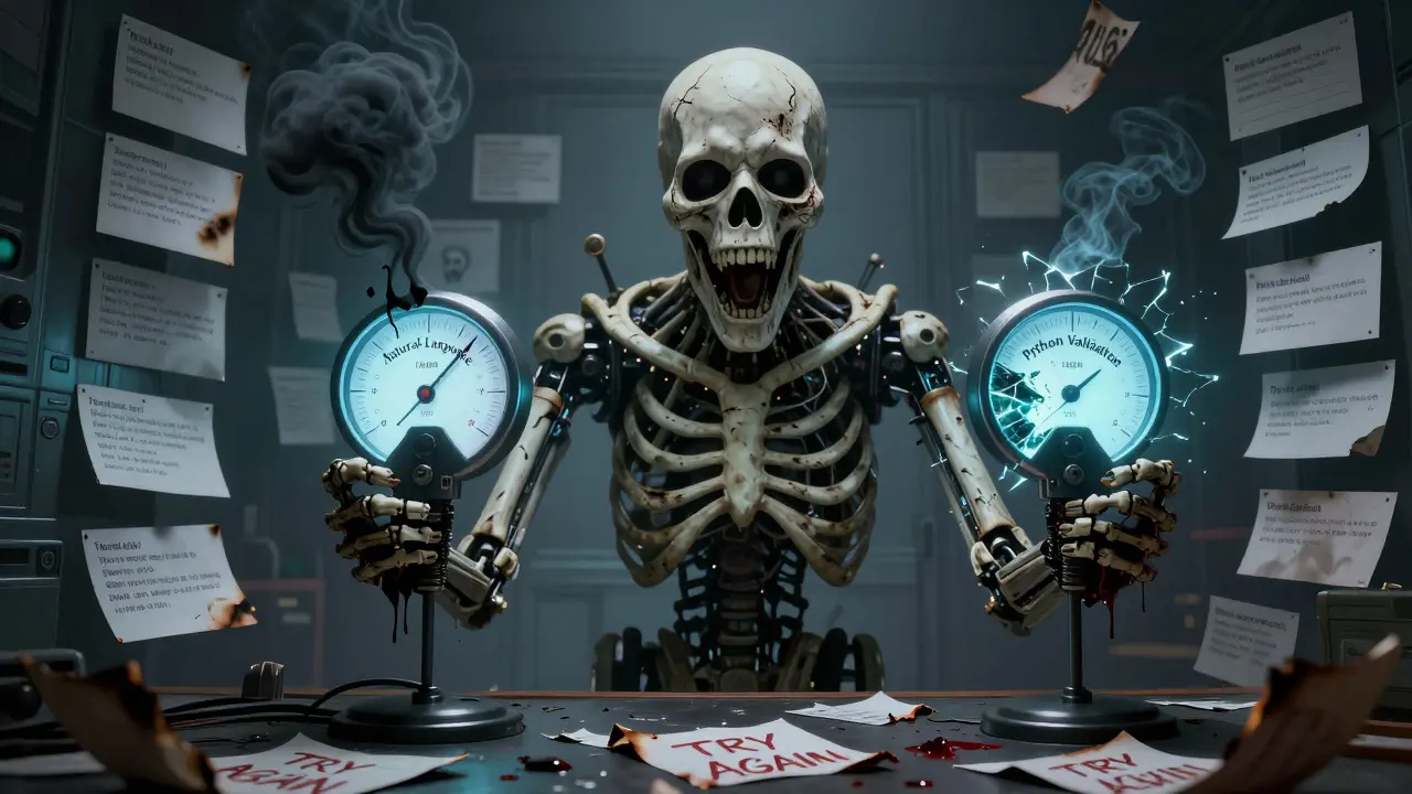 A monstrous verifier judging a terrified AI agent with two broken validation gauges, surrounded by screaming failed tasks.