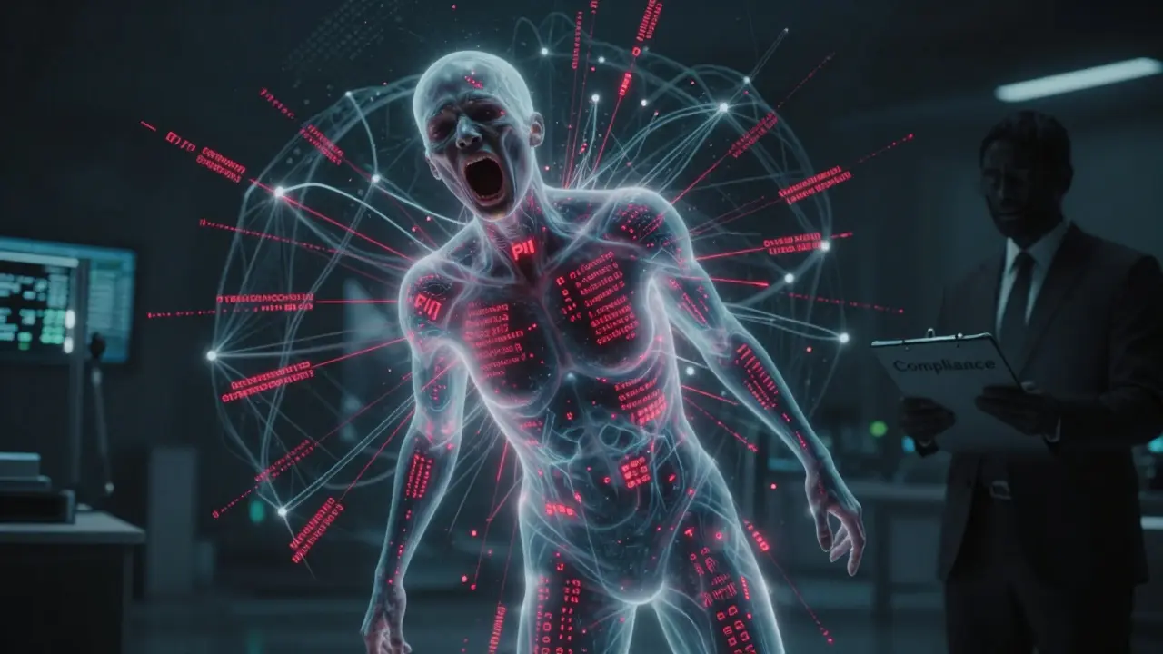 A person dissolving into a neural network as their private information burns into their skin like glowing tattoos.