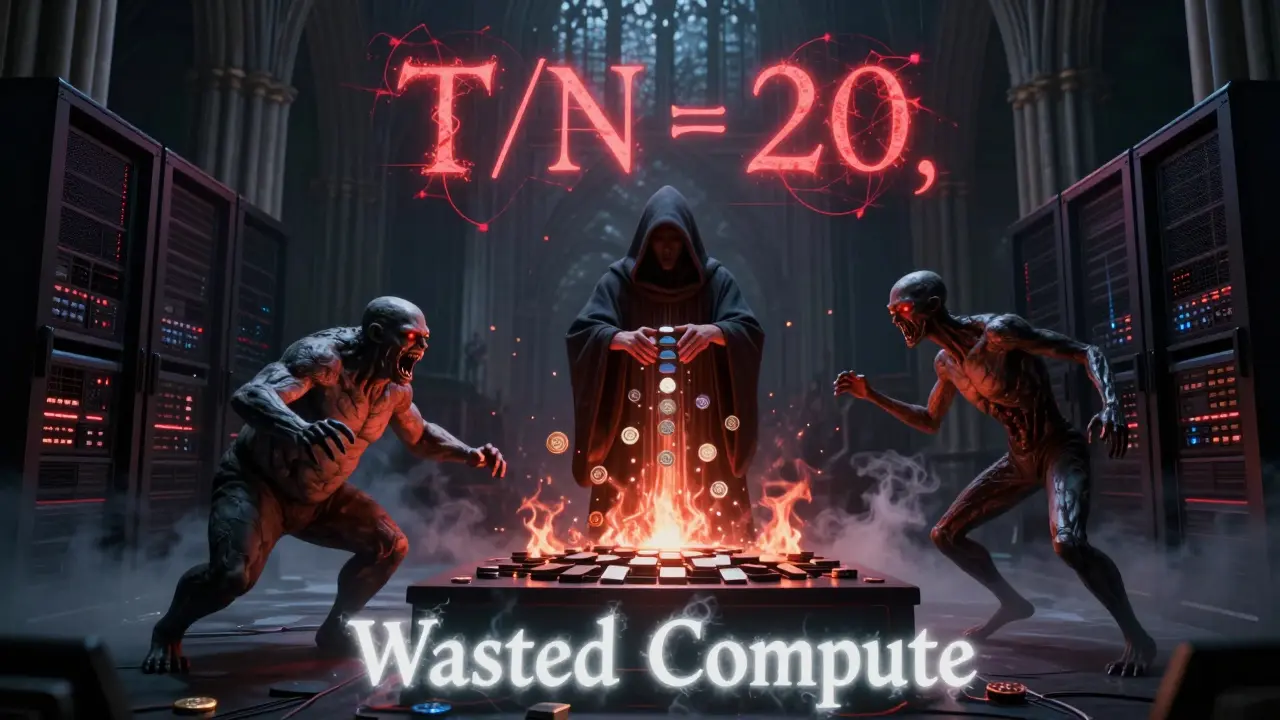 A ritual sacrifice of a giant AI model at a server cathedral, with a glowing 20:1 ratio rune above.