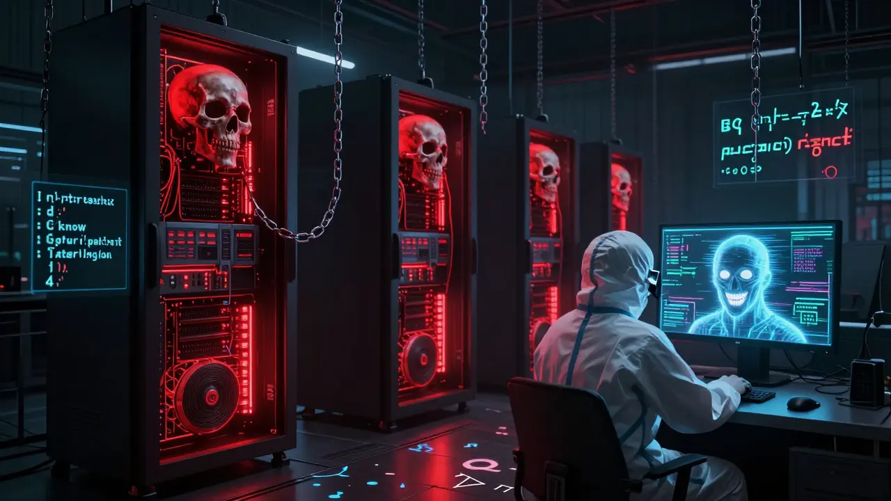 A server farm with glowing GPUs, corrupted code hanging like nooses, a developer staring at a glitching AI face.