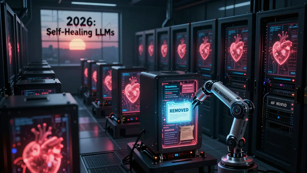 A server room with glowing AI cores whispering lies, one being surgically repaired as corrupted training data is removed.