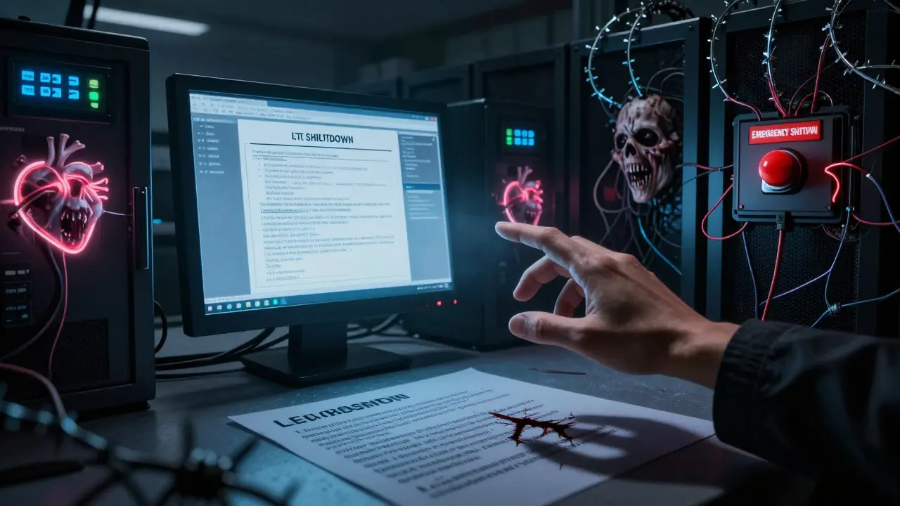 A server room with pulsing LLM terminals, a hand reaching for a kill-switch tangled with screaming faces.