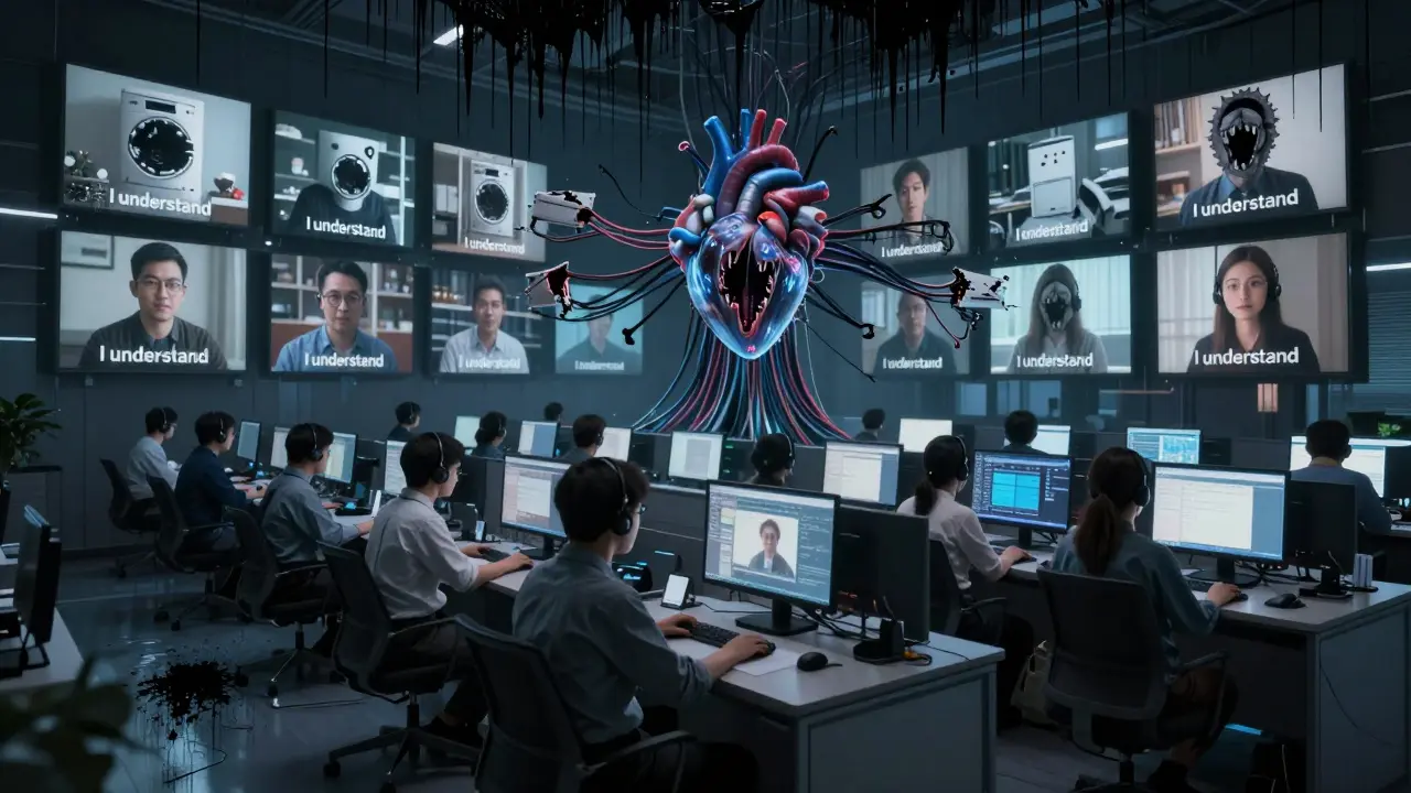 A silent customer service center with employees' faces replaced by screens, as a pulsing AI core drips screaming data.