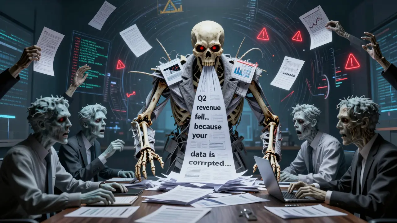A skeletal CFO made of financial files, whispering corrupted forecasts as analysts turn to paper statues.