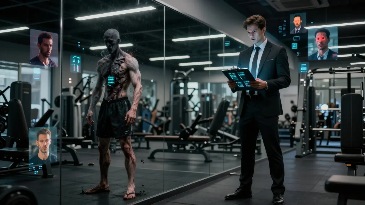 A trainer’s reflection becomes a digital clone as his body dissolves into pixels surrounded by hollow-eyed clients.