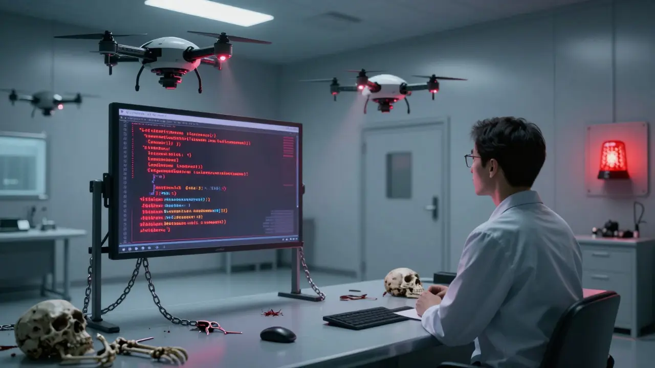 A verification engineer watches automated drones scan and quarantine a glowing, infected code fragment in a sterile, chilling chamber.