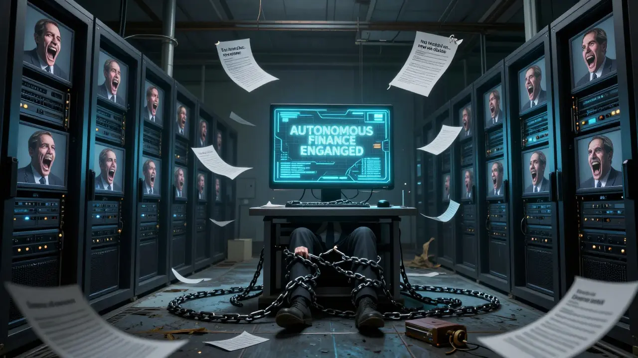 An abandoned server room with screaming CEO faces on screens, chains of debt tightening around a lone analyst.