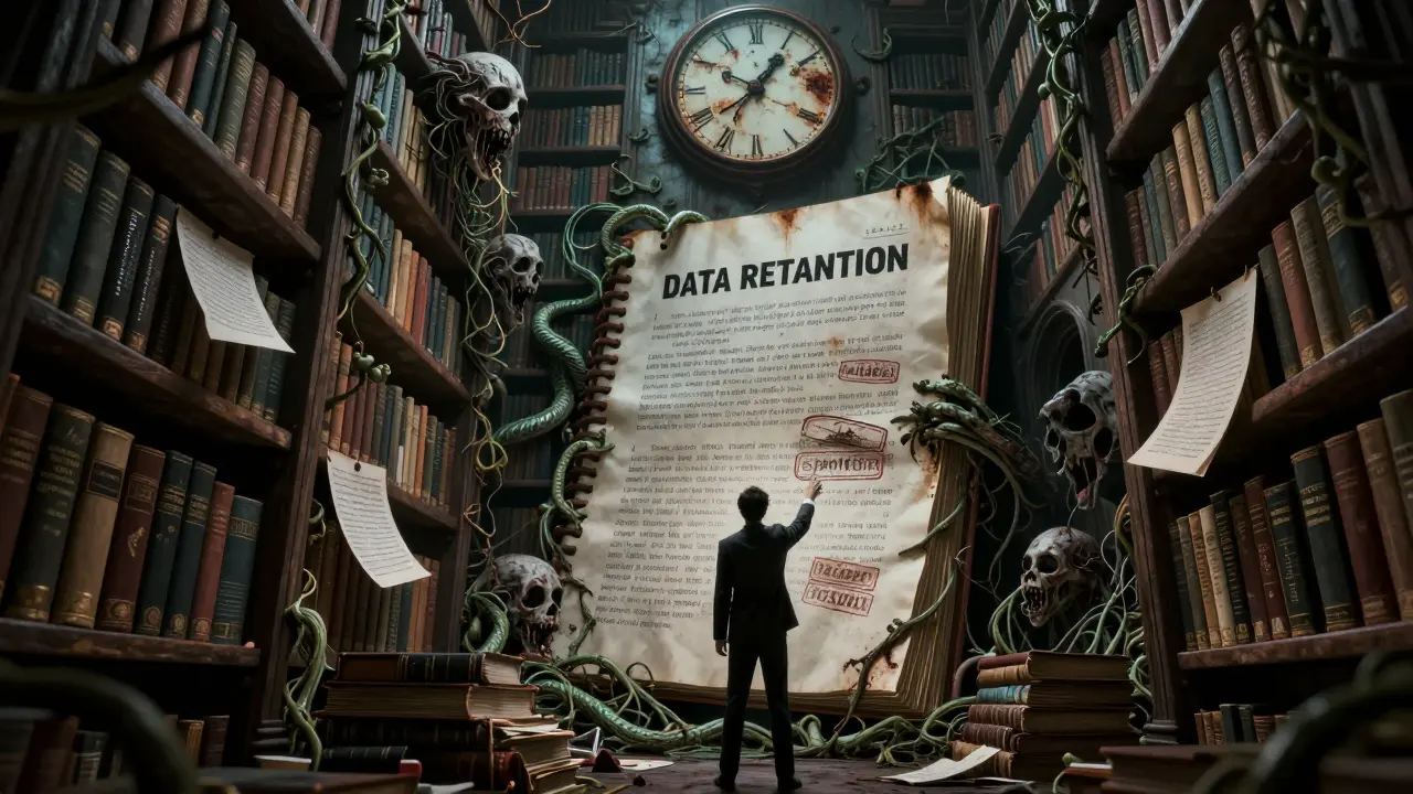 An ancient library of corrupted policies with screaming pages and a backward-ticking clock.