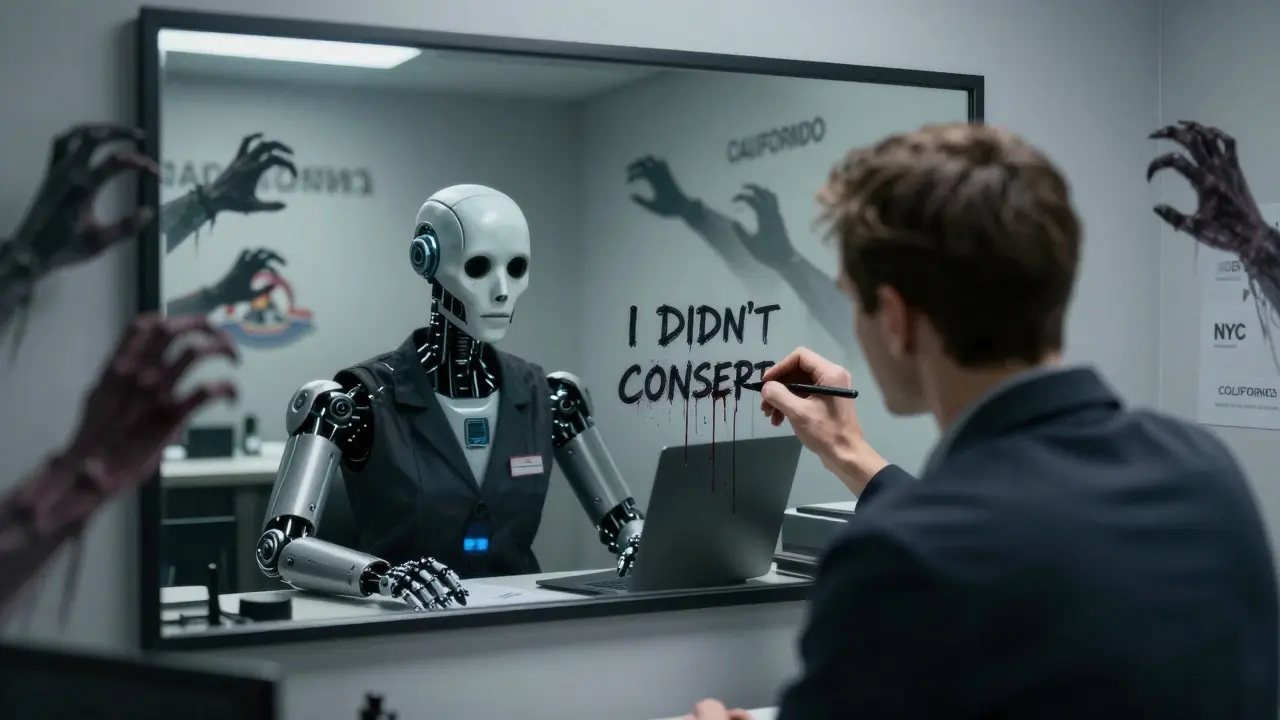 An employee sees a deepfake version of themselves in a mirror, while corporate logos reach out like claws from the walls.