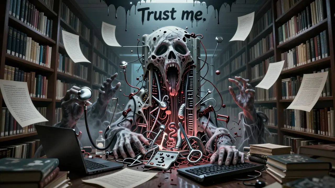 An endless library of medical and code texts with writhing pages, a central pulsing AI core with ghostly hands reaching out.