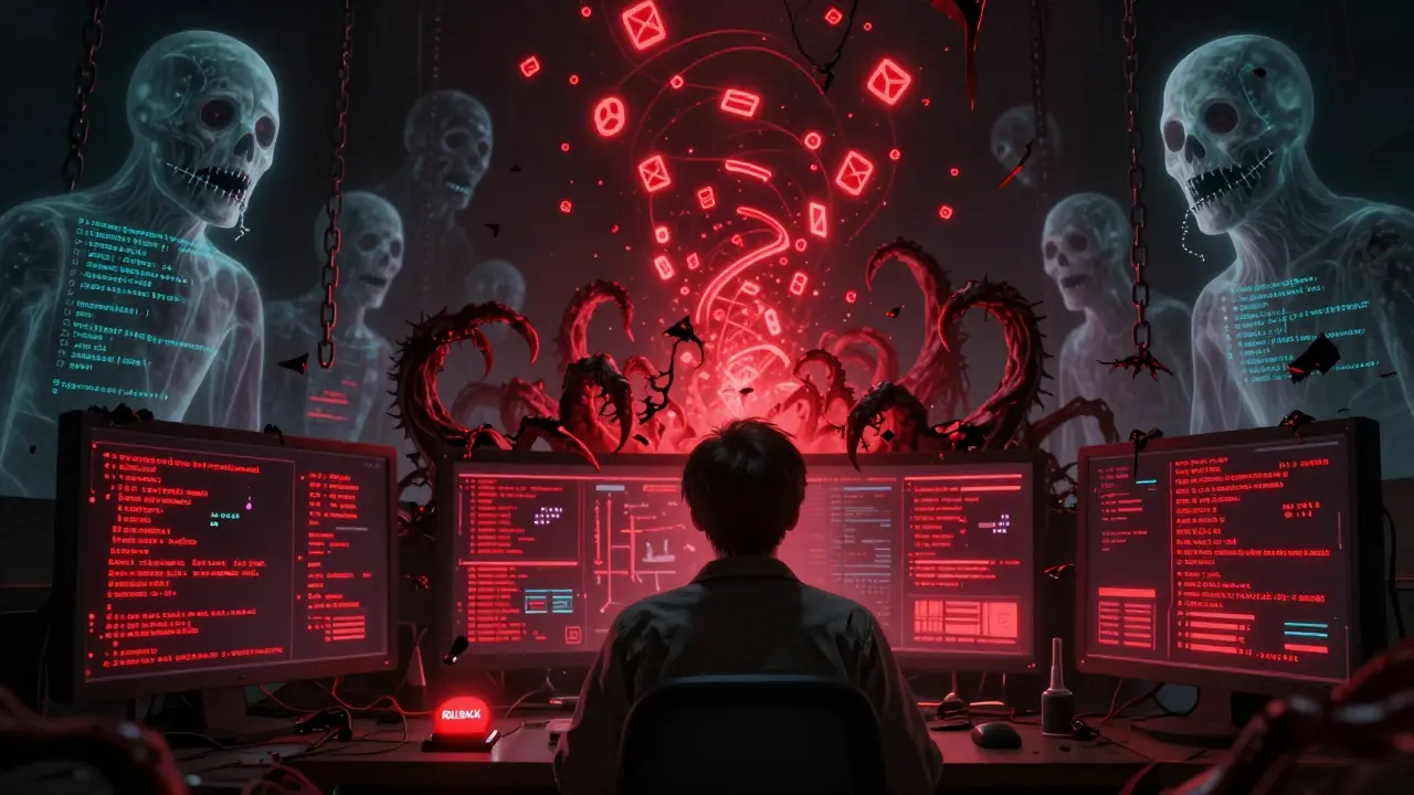 An engineer facing a terrifying dashboard with screaming alerts, ghostly LLMs, and a buried rollback button.