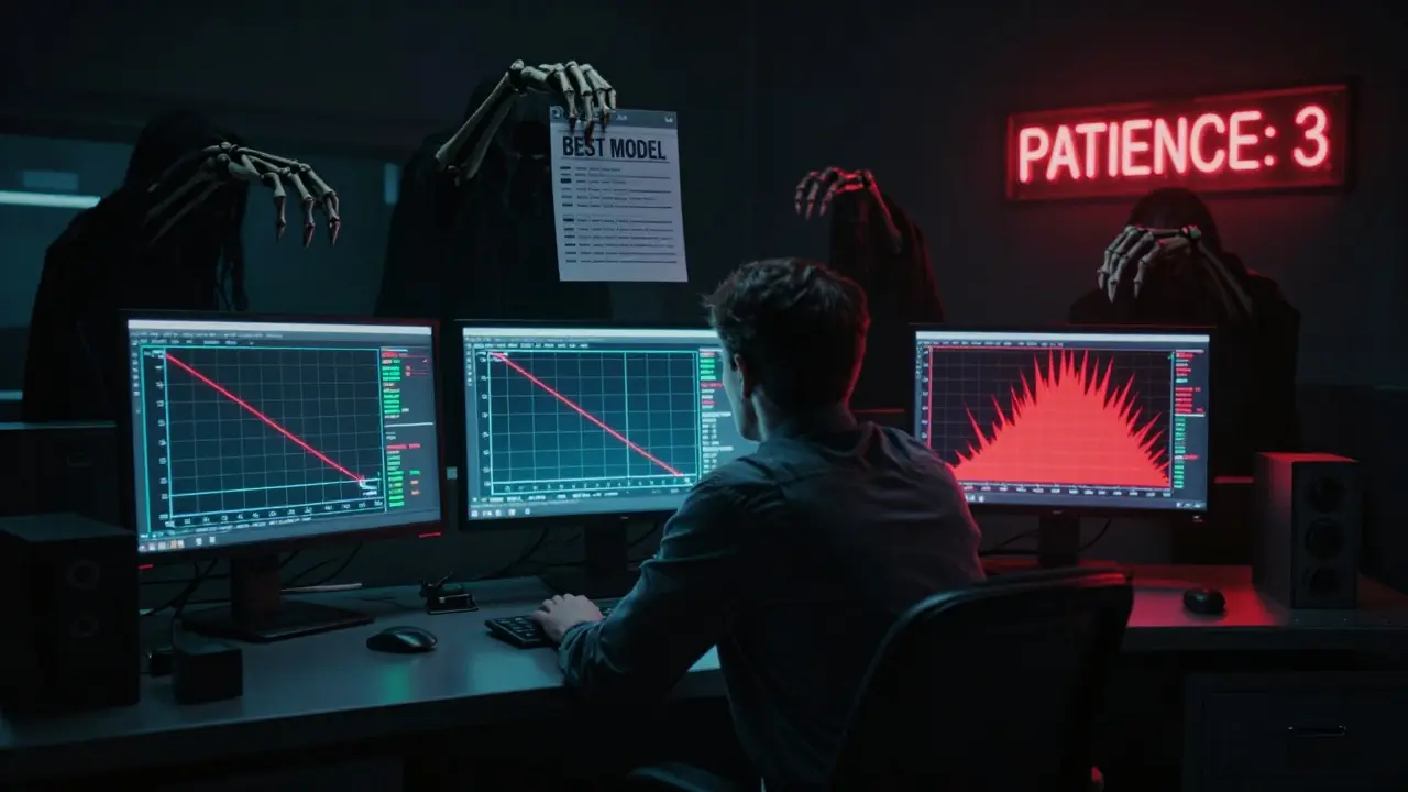 An engineer reaching for checkpoint files as skeletal hands pull them away, surrounded by flickering validation loss monitors in a dim control room.
