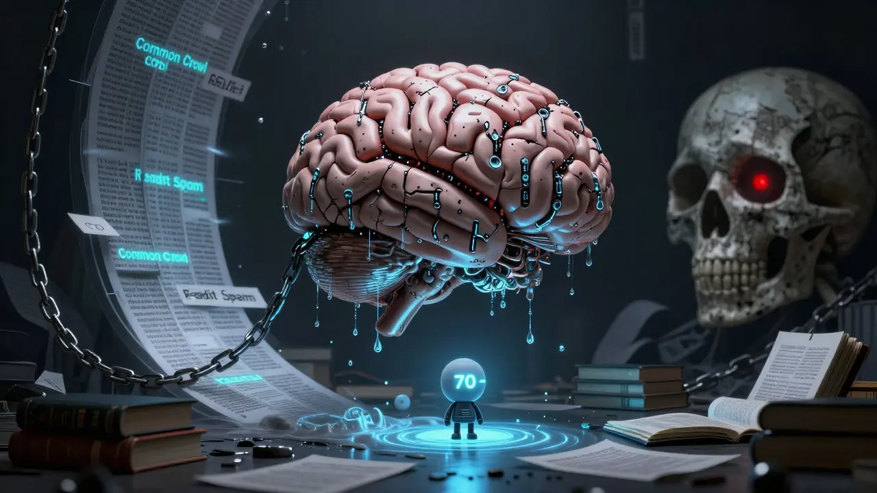 An oversized silicon brain chained to a torrent of corrupted text, while a small balanced model glows calmly nearby.