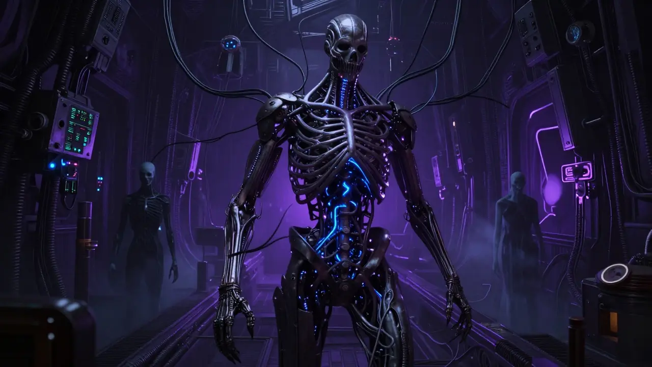 Biomechanical nervous system routing glowing energy through dark metal tunnels.